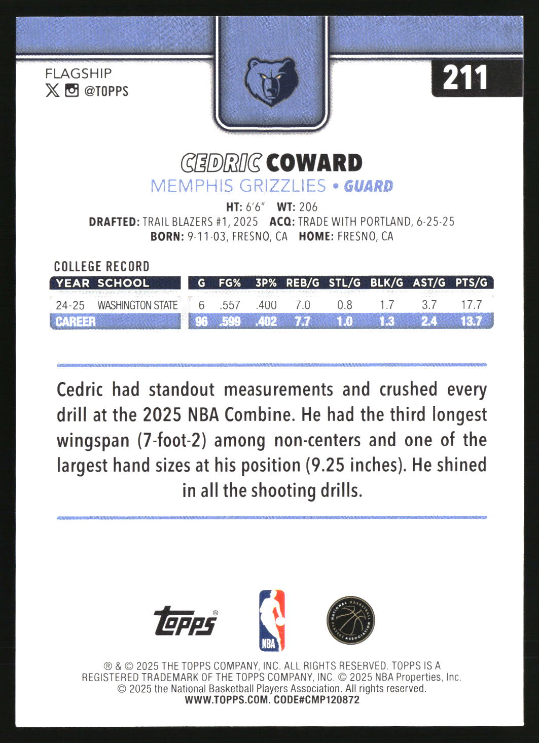Cedric Coward 2025-26 Topps #211