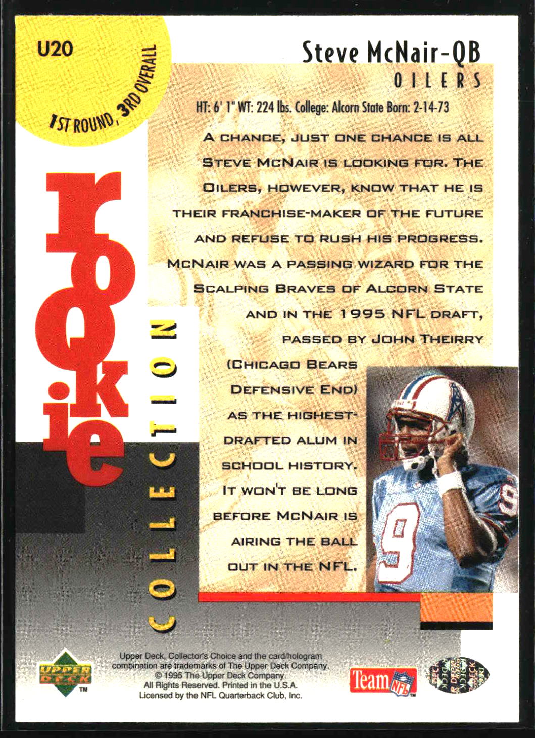 Steve McNair 1995 Collector's Choice Update #U20