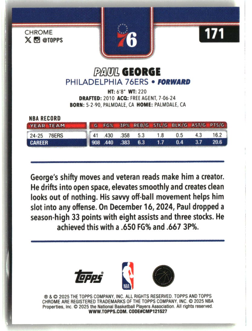Paul George 2025-26 Topps Chrome Yellow Refractor #171 #/275