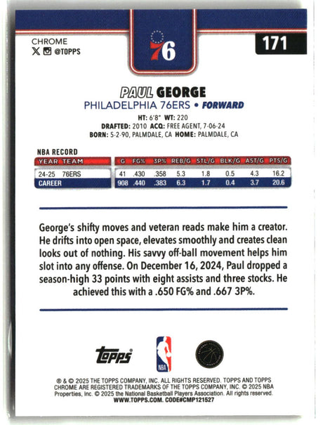 Paul George 2025-26 Topps Chrome Yellow Refractor #171 #/275