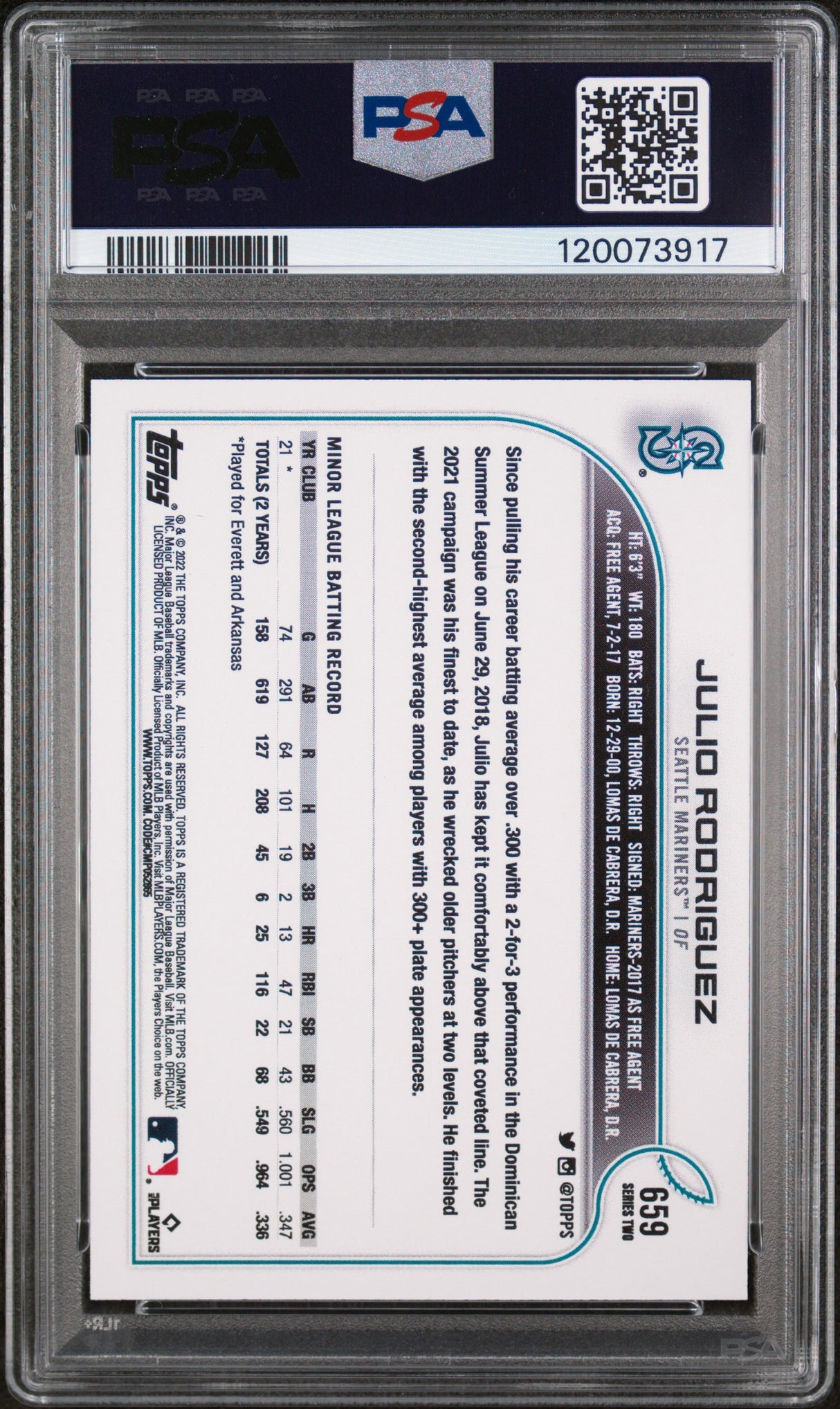 Julio Rodriguez 2022 Topps SP #659 PSA 10
