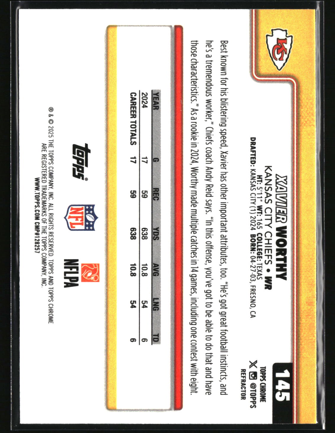 Xavier Worthy 2025 Topps Chrome - Topps Refractor #145
