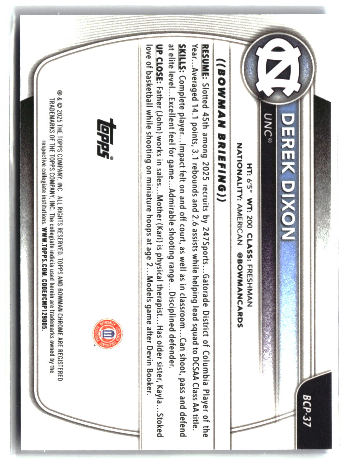 Derek Dixon 2025-26 Bowman Chrome Prospects Blue Mojo Refractor #BCP-37 #/150