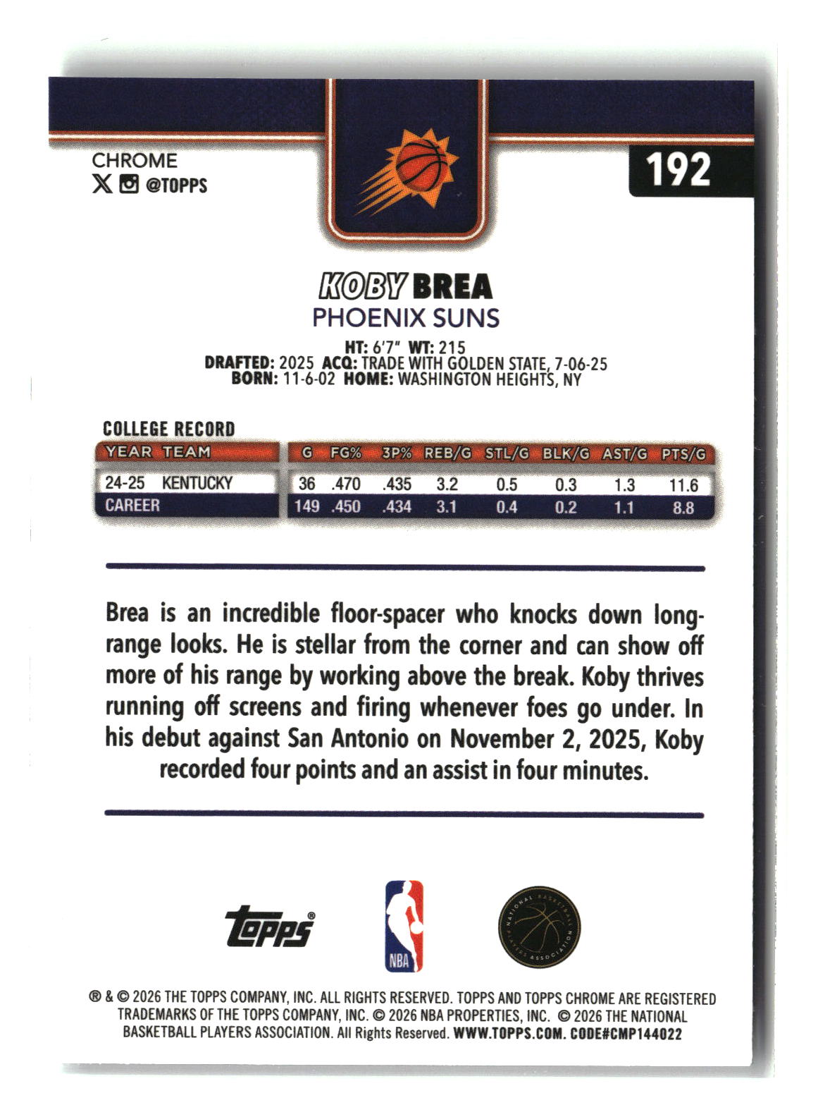 Koby Brea 2025-26 Topps Chrome Update #192