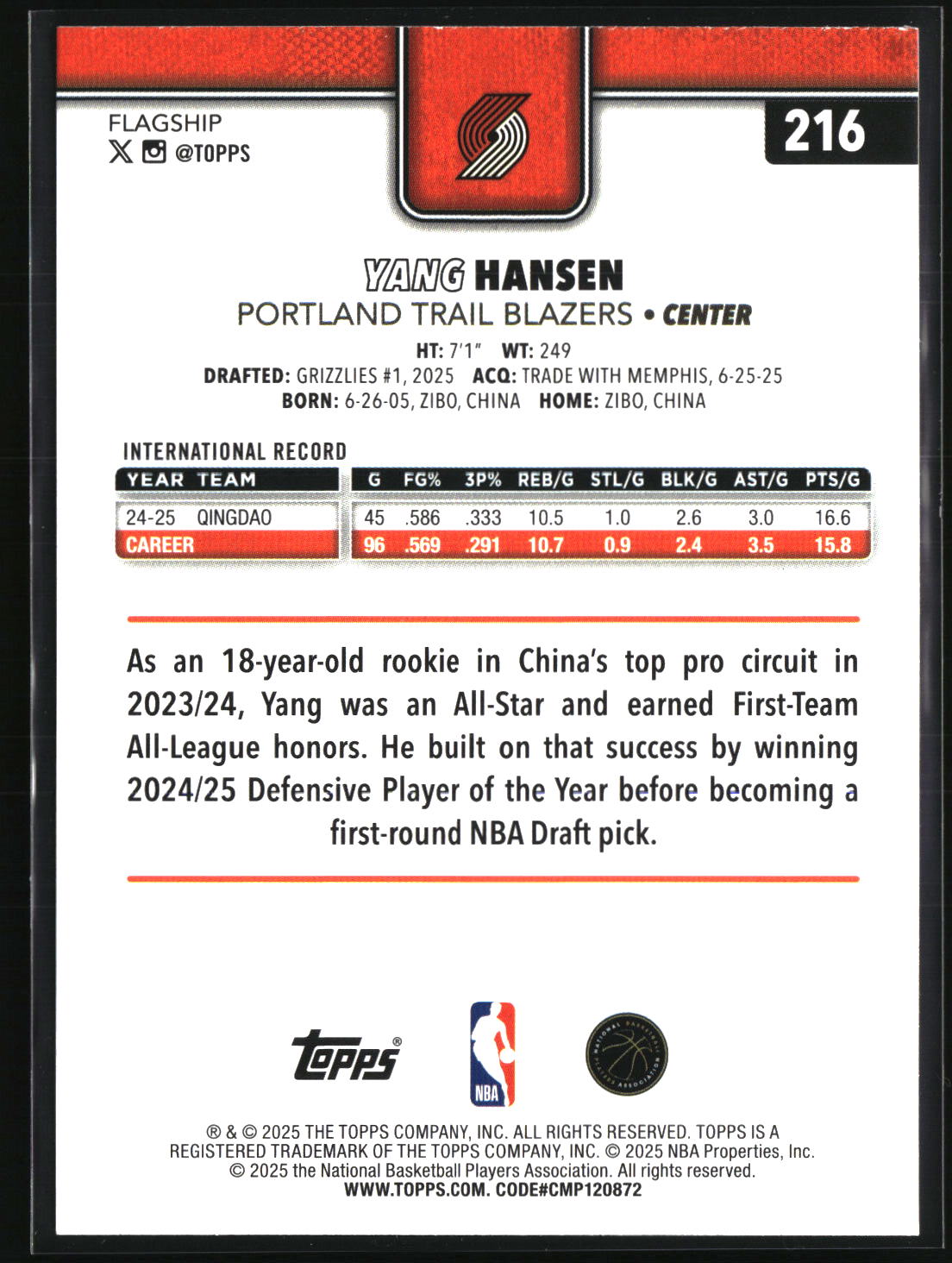 Yang Hansen 2025-26 Topps Diamante #216