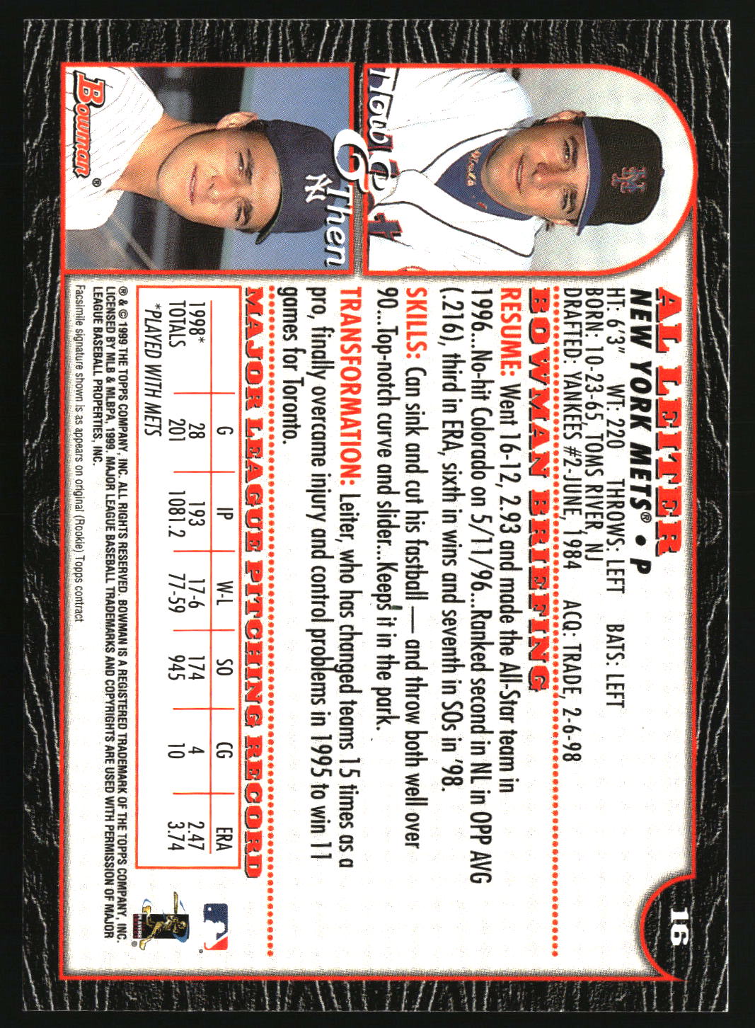Al Leiter 1999 Bowman #16
