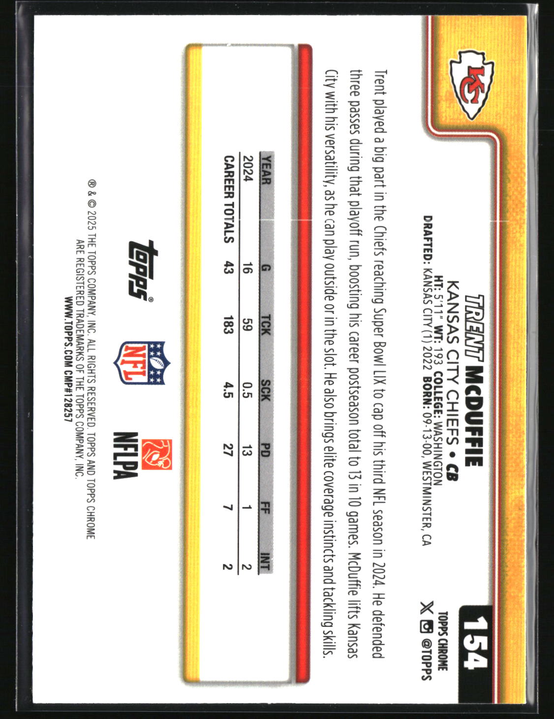Trent McDuffie 2025 Topps Chrome Red White and Blue Refractor #154