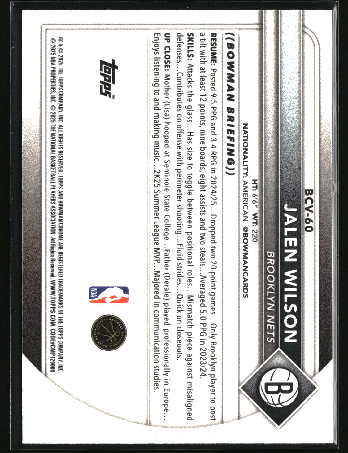 Jalen Wilson 2025-26 Bowman Chrome Reptilian Refractor #BCV-60