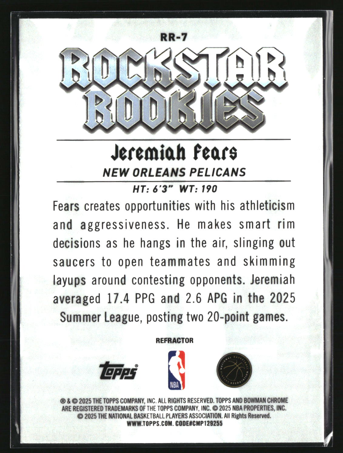 Jeremiah Fears 2025-26 Bowman Rockstar Rookies Refractor #RR-7