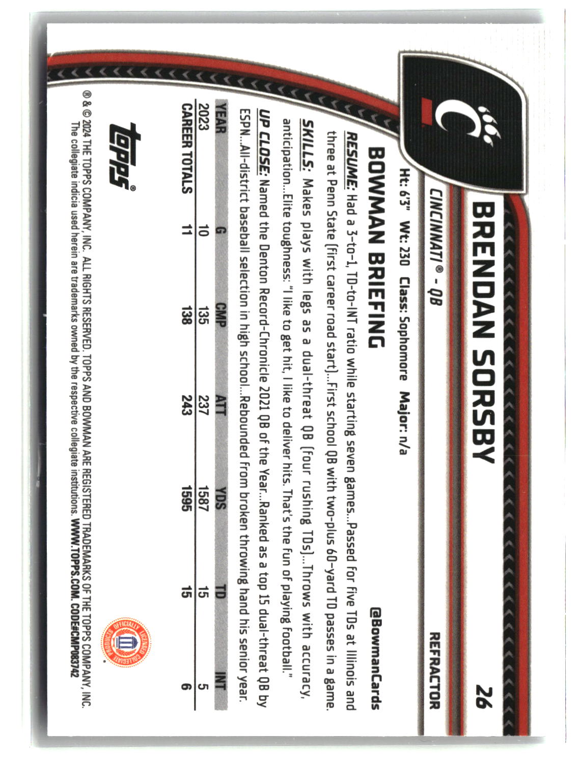 Brendan Sorsby 2024 Bowman University Chrome Refractor #26