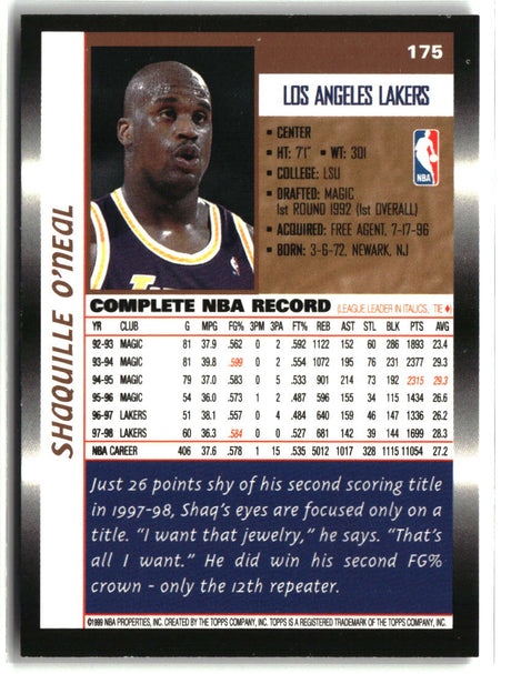 Shaquille O'Neal 1998-99 Topps #175