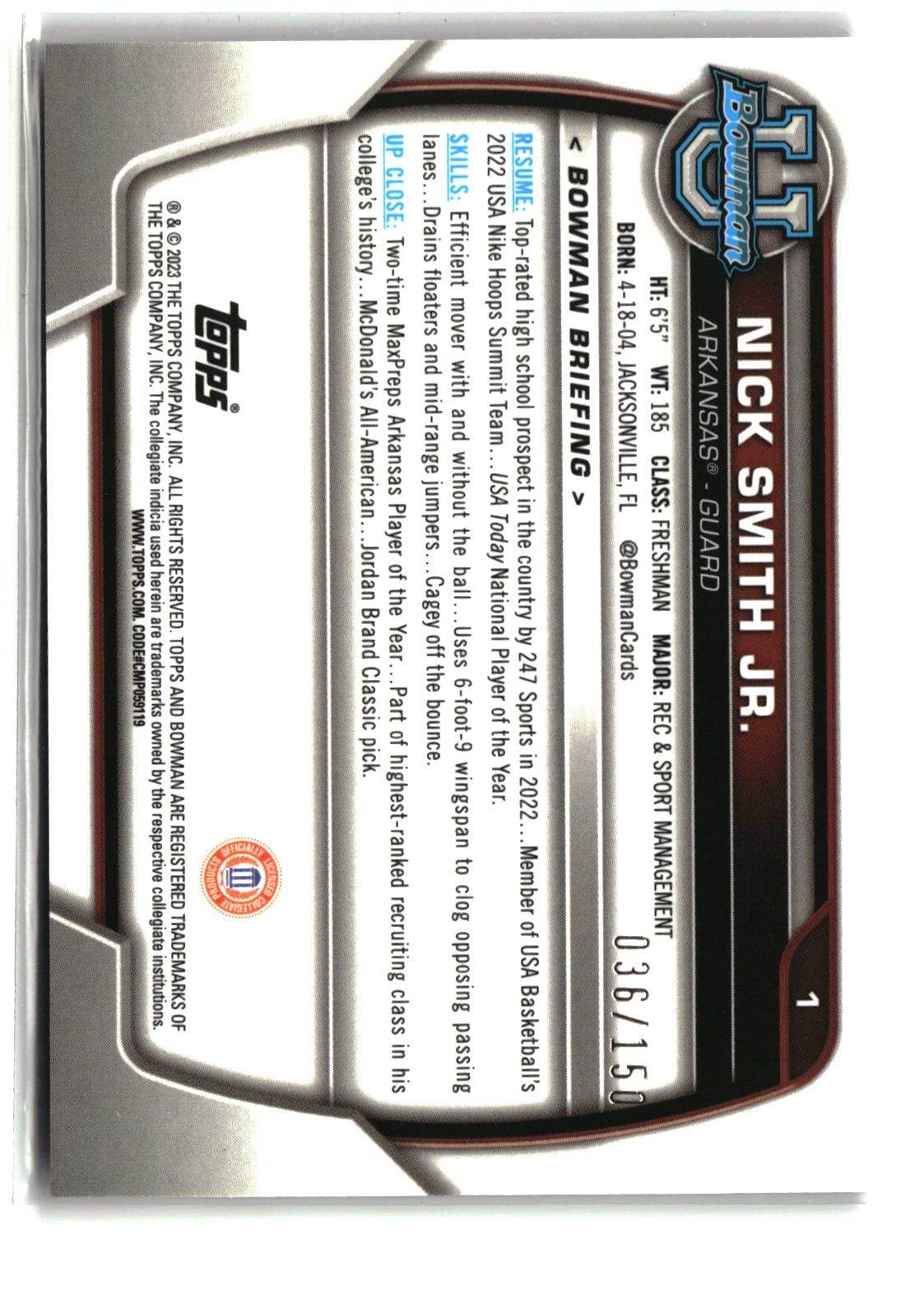 Nick Smith Jr. 2022-23 Bowman University Chrome Fuchsia Mini-Diamond #1 #/150