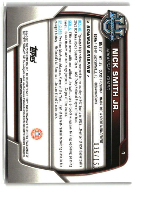 Nick Smith Jr. 2022-23 Bowman University Chrome Fuchsia Mini-Diamond #1 #/150