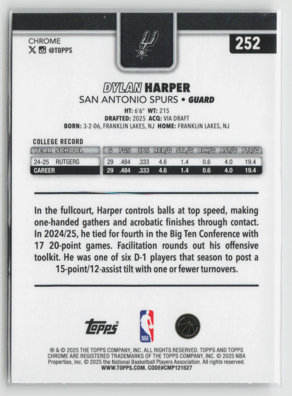Dylan Harper 2025-26 Topps Chrome #252