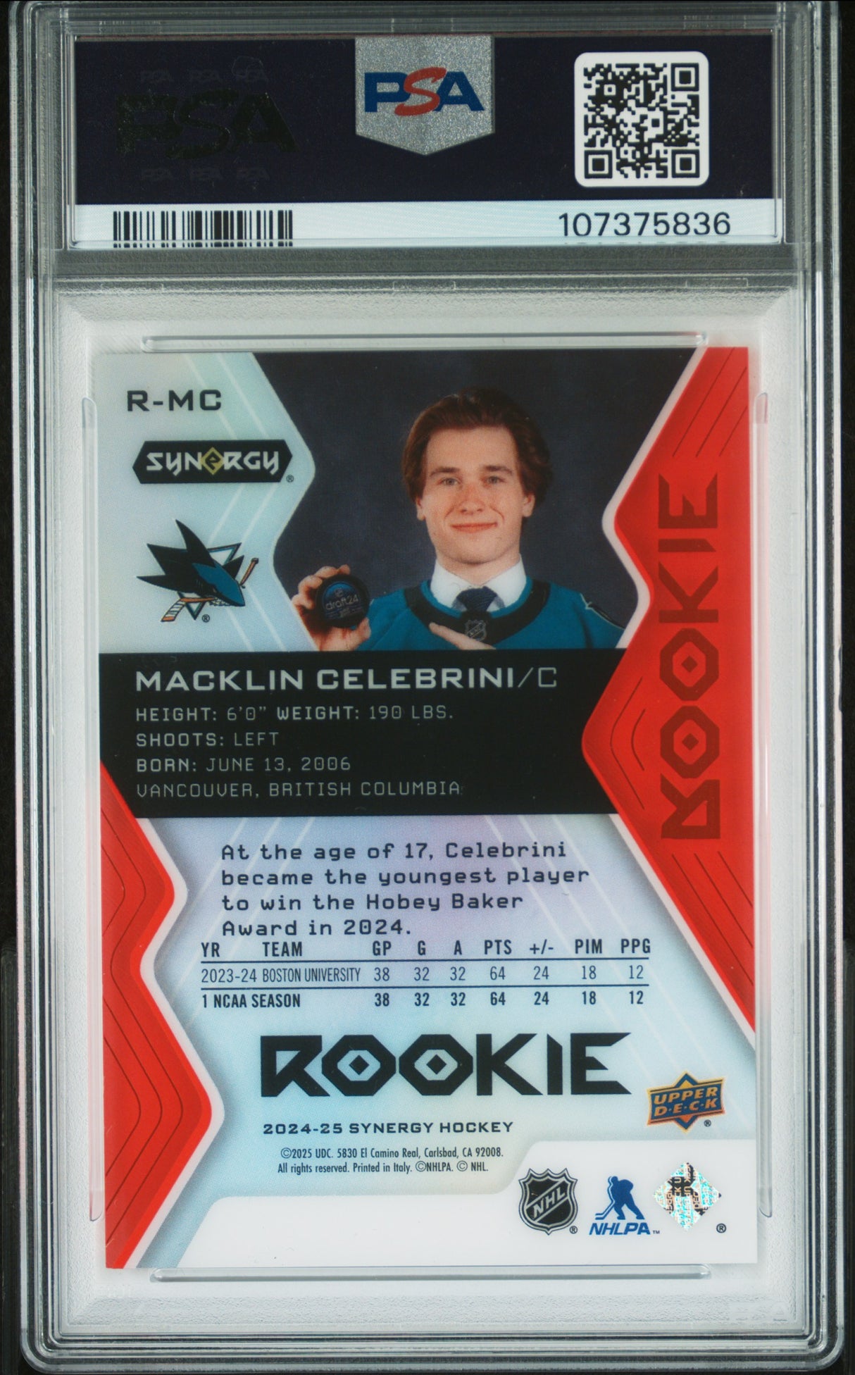 Macklin Celebrini 2024 Upper Deck Synergy Red #RMC PSA 9