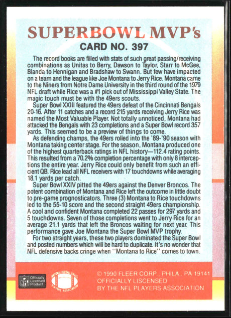 Superbowl MVP`s (Jerry Rice / Joe Montana) 1990 Fleer #397