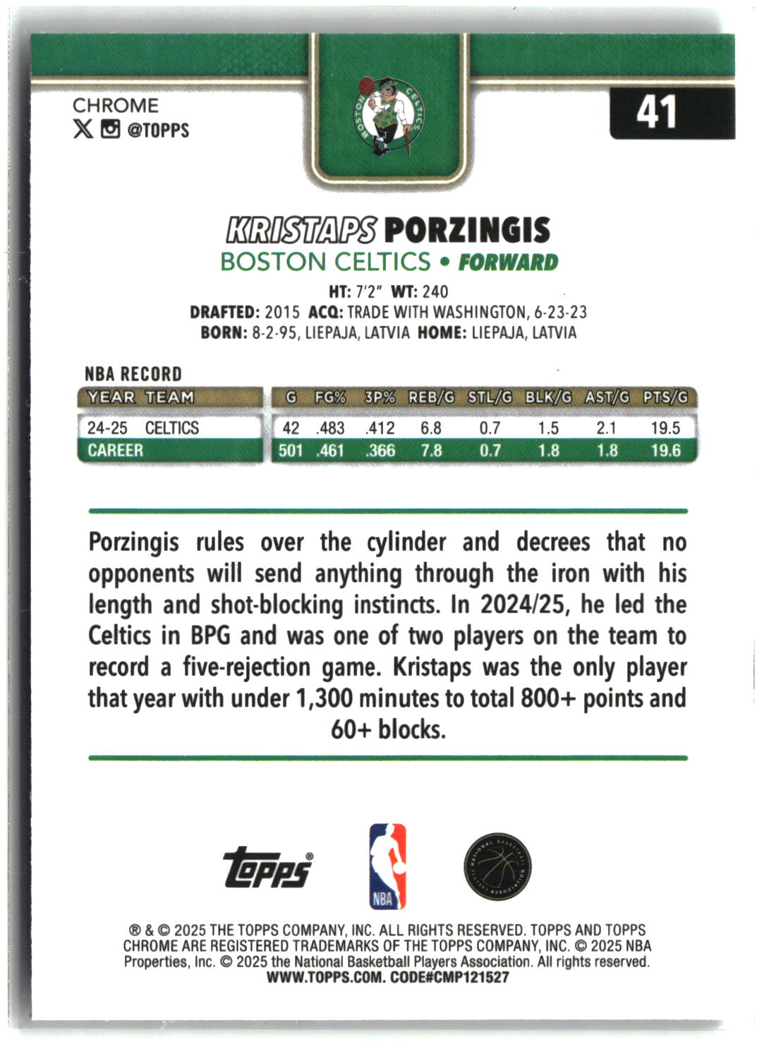 Kristaps Porzingis 2025-26 Topps Chrome X-Fractor #41