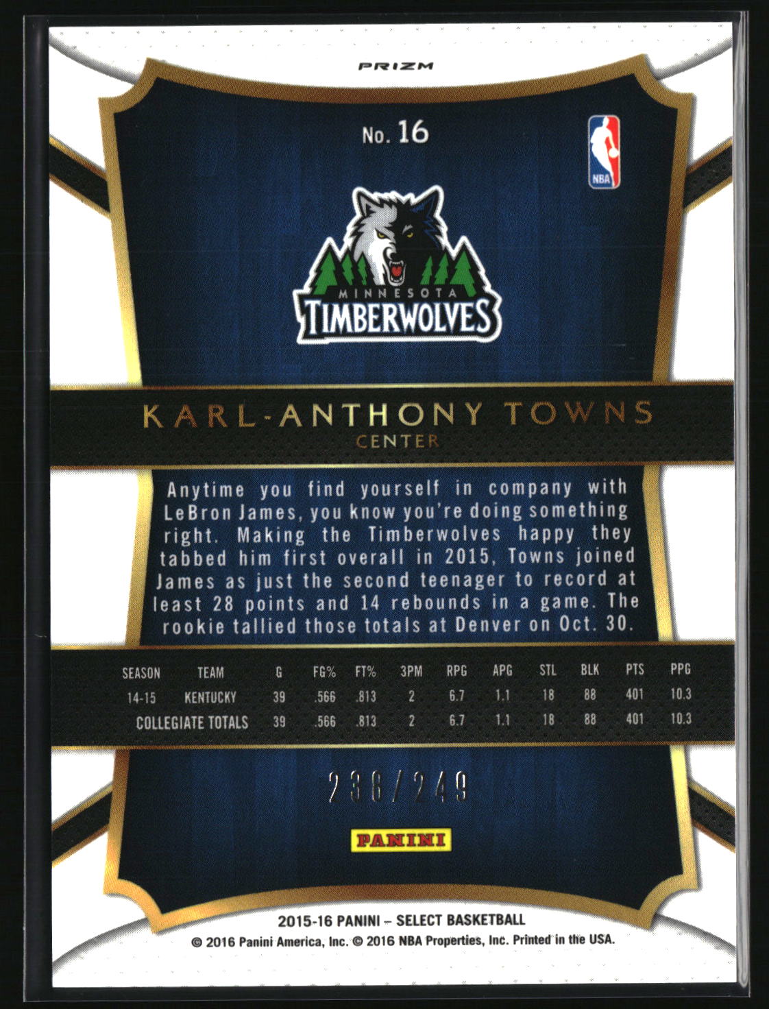 Karl-Anthony Towns 2015-16 Panini Select Blue Prizms #16 #/249