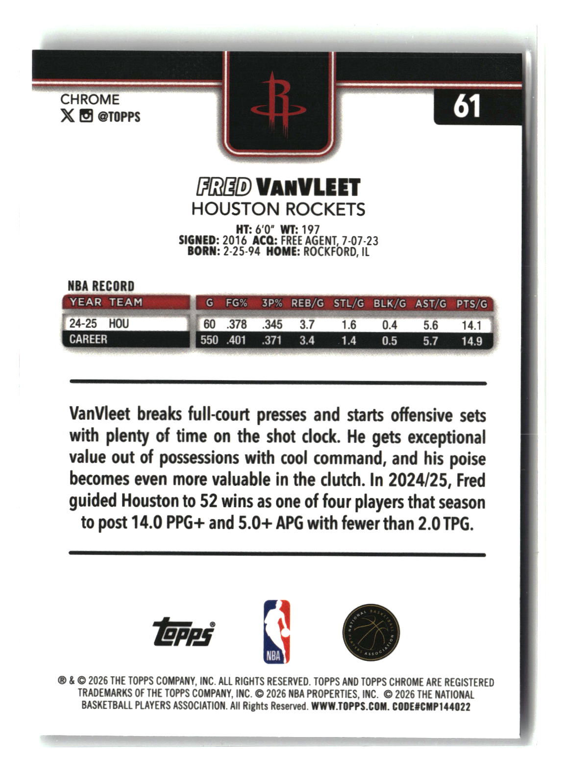 Fred VanVleet 2025-26 Topps Chrome Update Prism Refractor #61