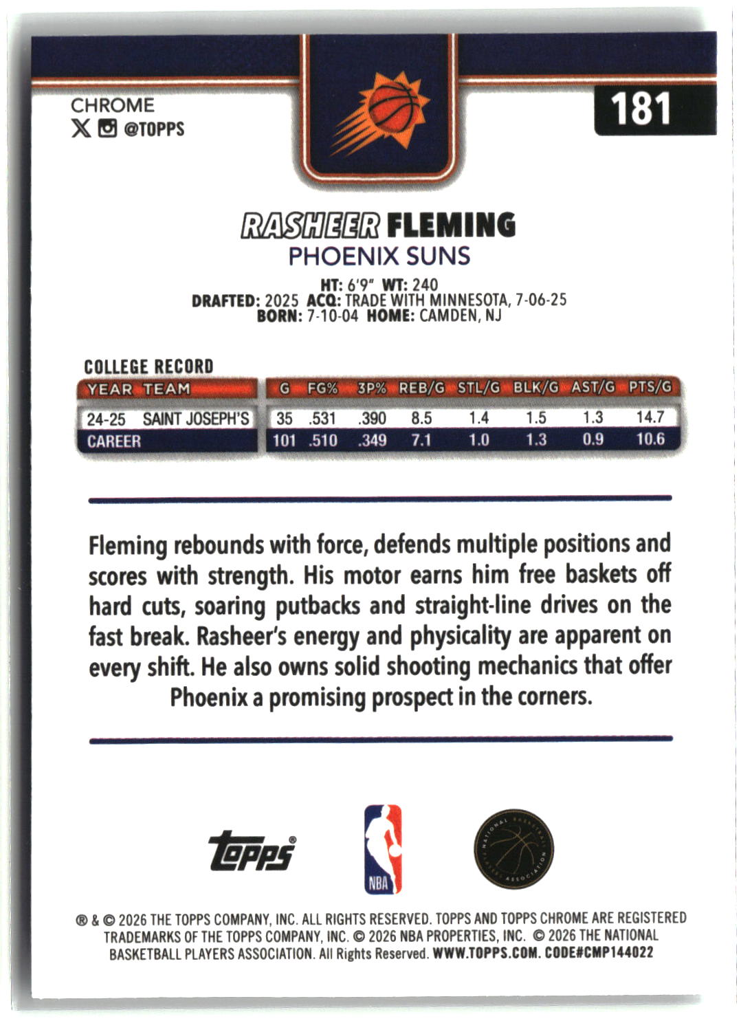Rasheer Fleming 2025-26 Topps Chrome Update #181