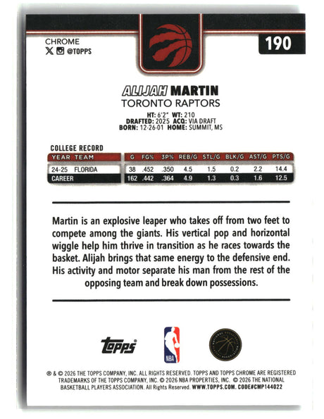 Alijah Martin 2025-26 Topps Chrome Update #190
