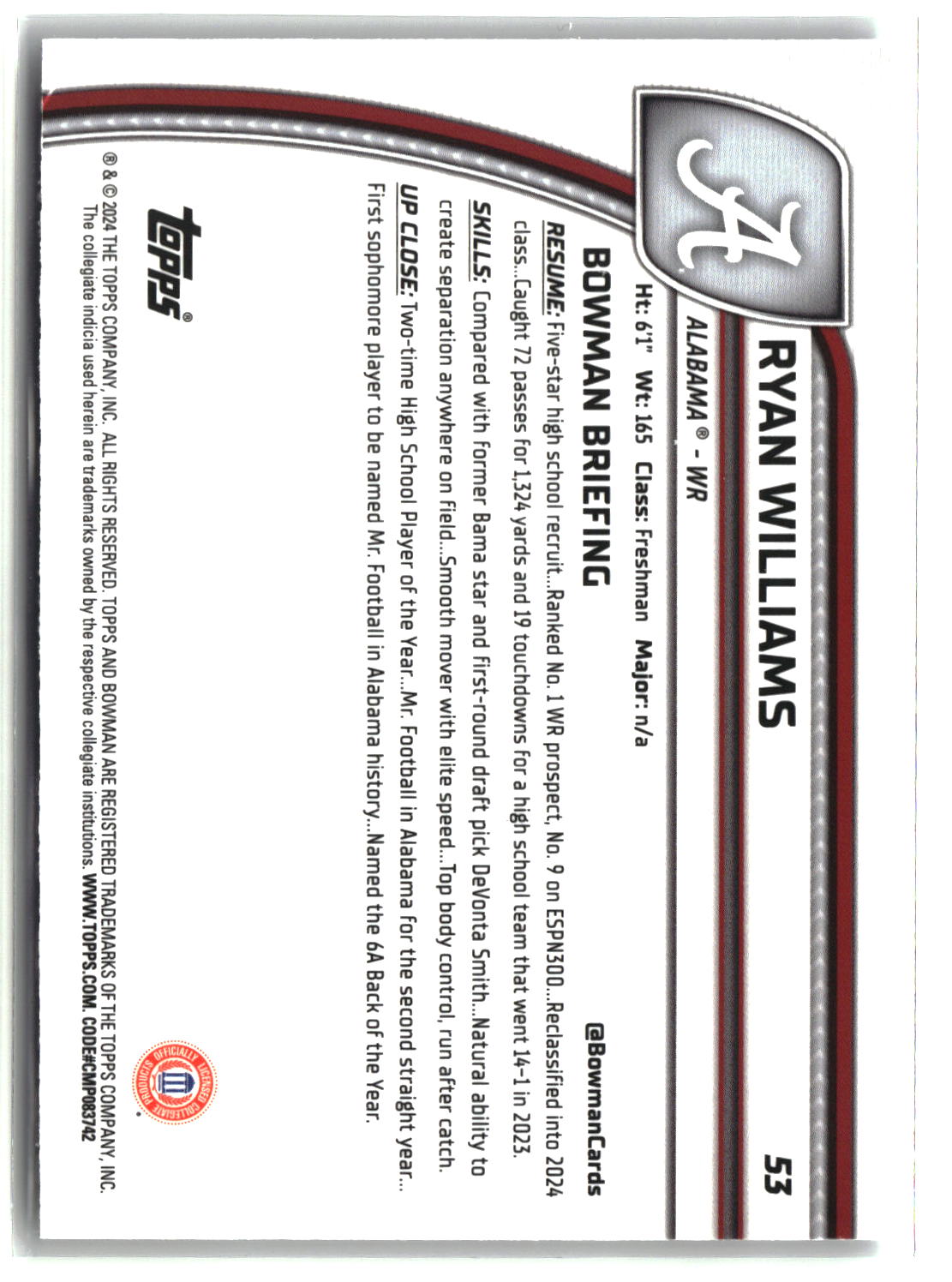 Ryan Williams 2024 Bowman University Chrome #53
