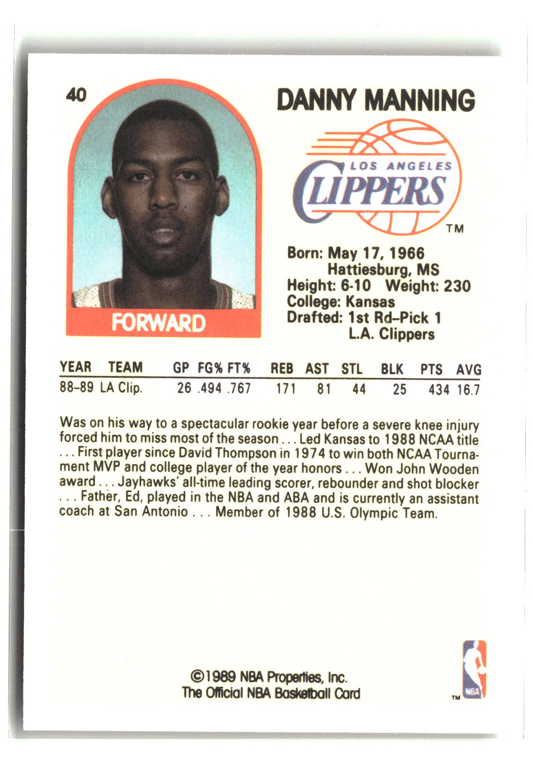 Danny Manning 1989-90 Hoops #40