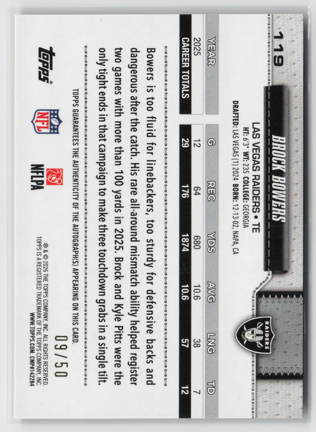 Brock Bowers 2026 Topps Flagship Real One Autographs Gold #119