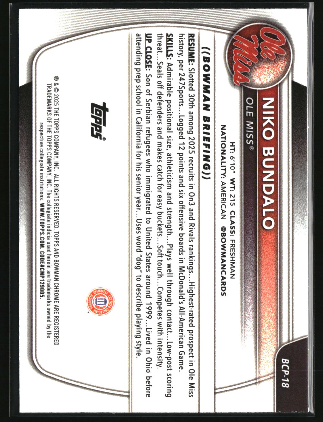 Niko Bundalo 2025-26 Bowman Chrome Prospects Reptilian Refractor #BCP-18