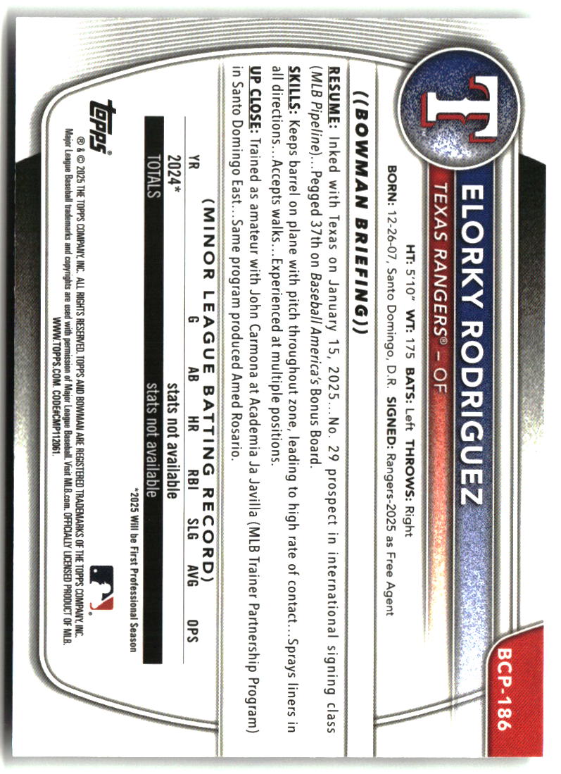 Elorky Rodriguez 2025 Bowman Chrome Prospects #BCP-186