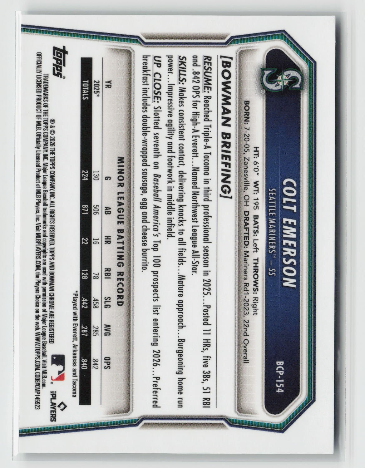 Colt Emerson 2026 Bowman Chrome Prospects Reptilian Green Refractor #BCP-154