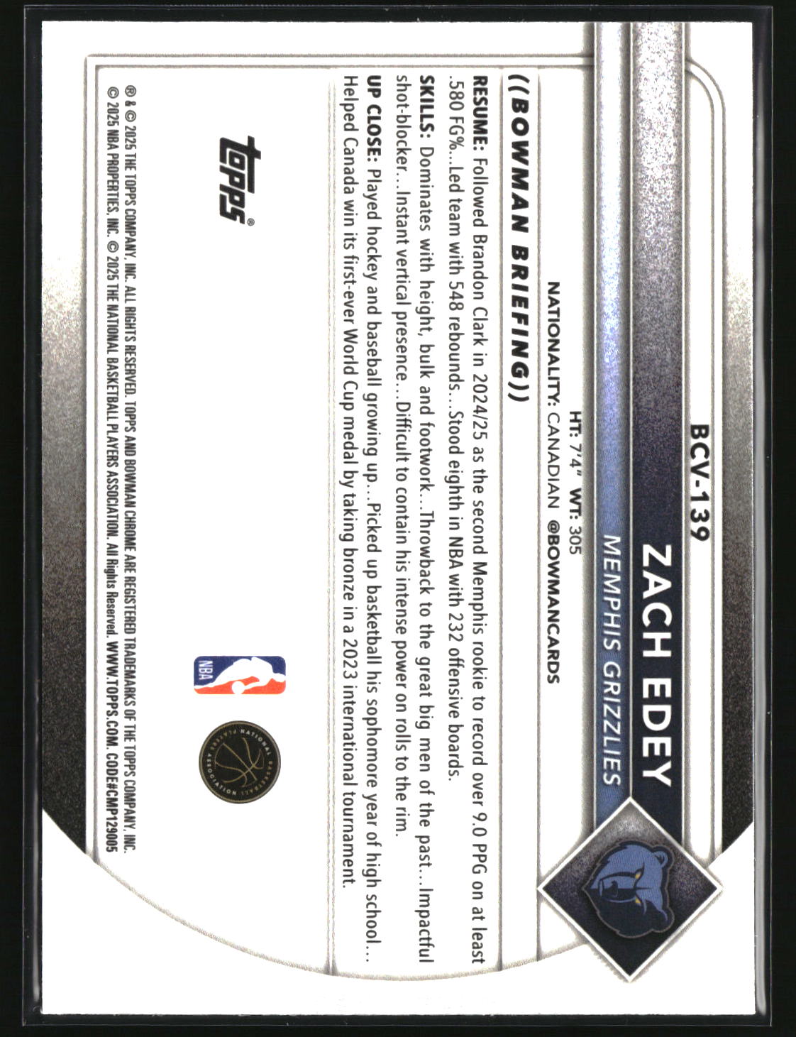 Zach Edey 2025-26 Bowman Chrome Reptilian Refractor #BCV-139