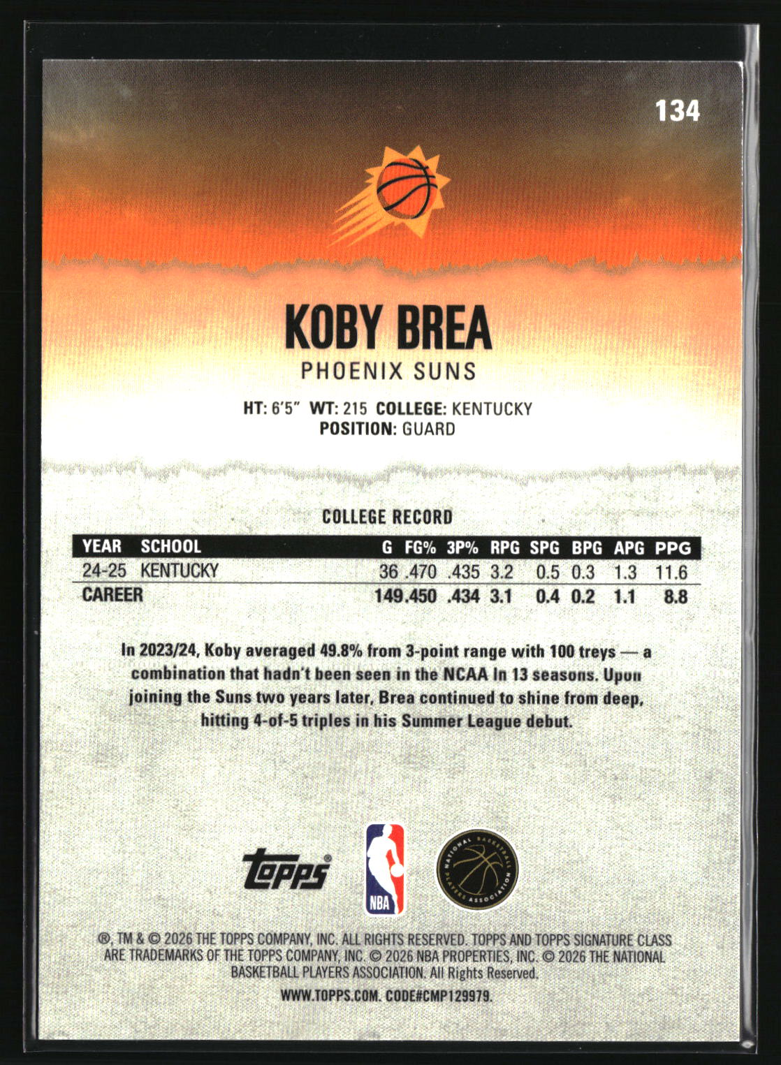 Koby Brea 2025-26 Topps Signature Class Purple /100 #134