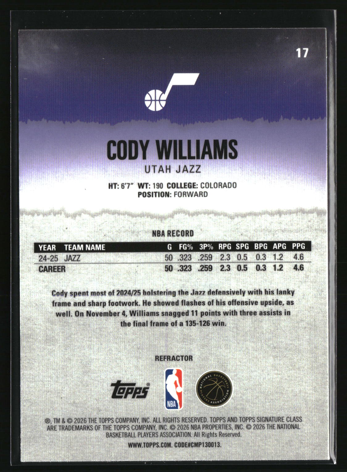 Cody Williams 2025-26 Topps Signature Class Chrome Refractors #17