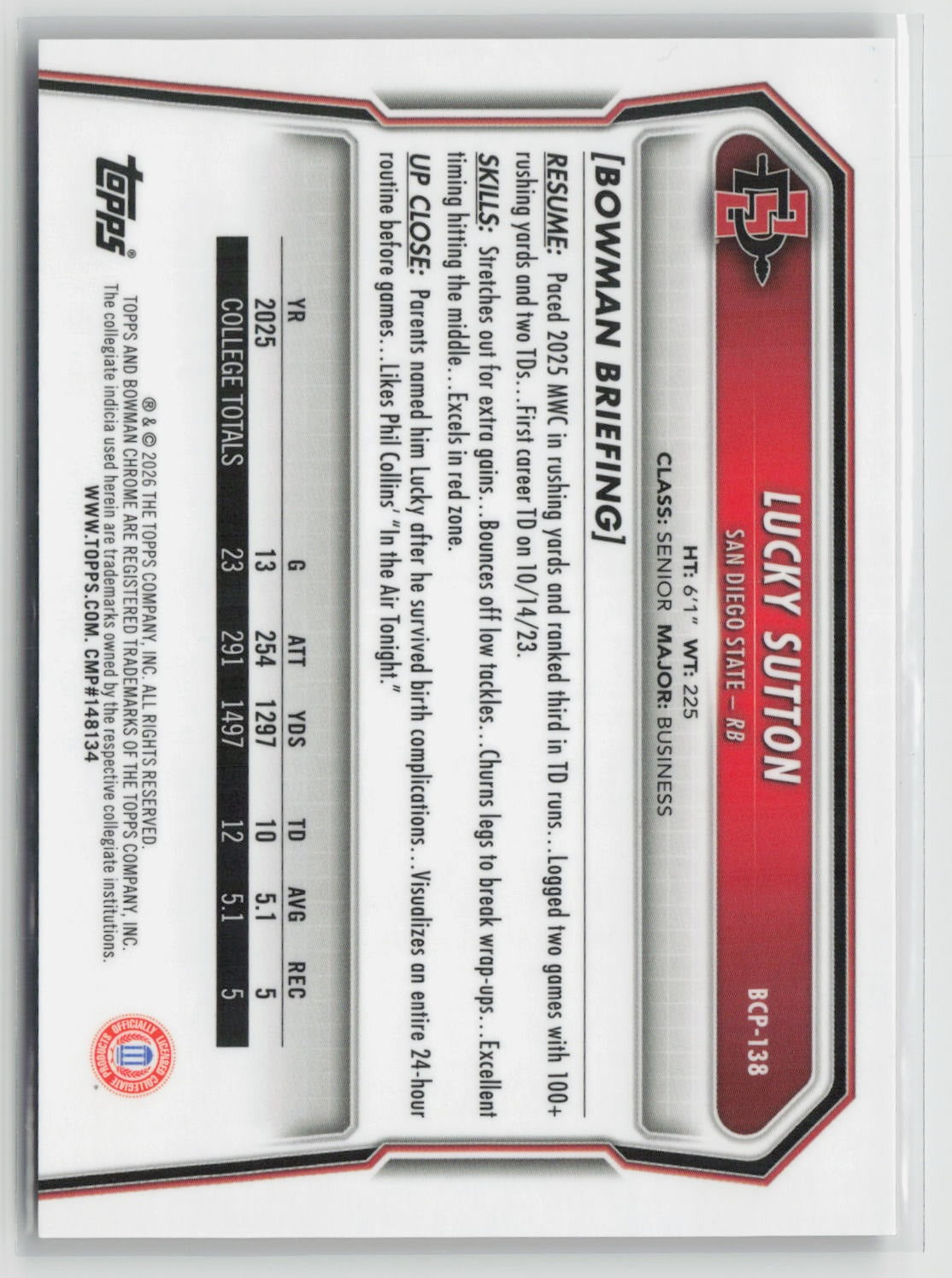 Lucky Sutton 2026 Bowman Chrome Prospects Red Reptilian Refractor #BCP-138 4/5