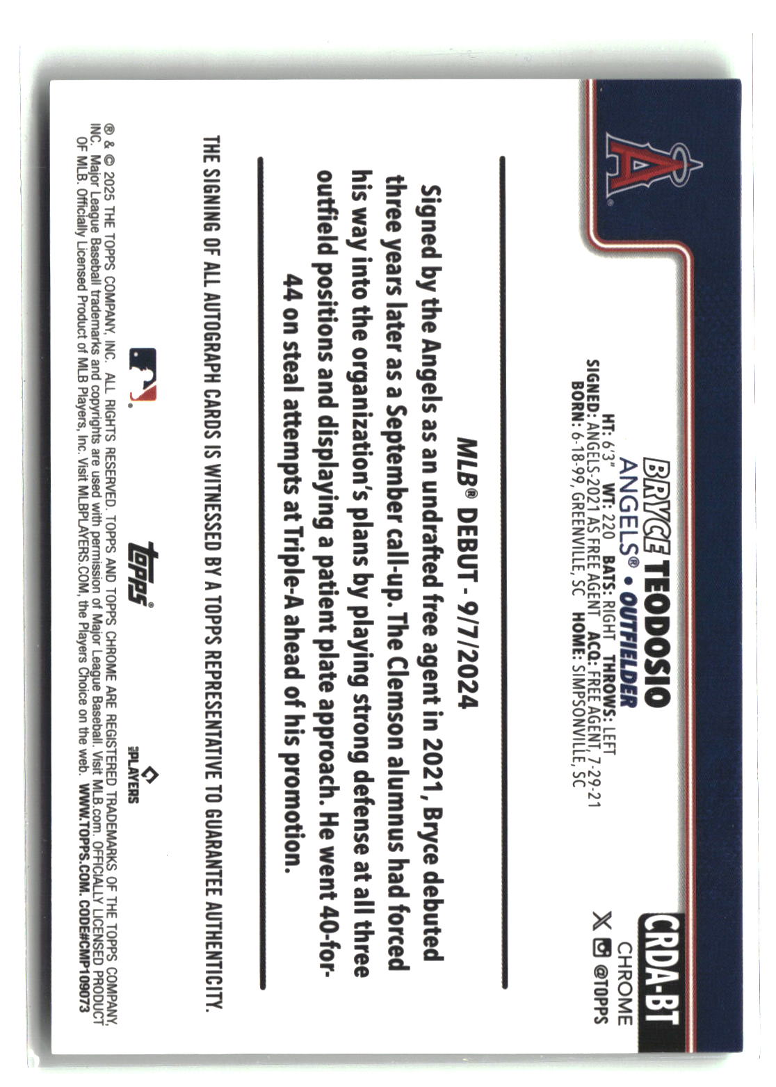 Bryce Teodosio 2025 Topps Chrome Update Rookie Debut Auto Green #CRDA-BT #/99