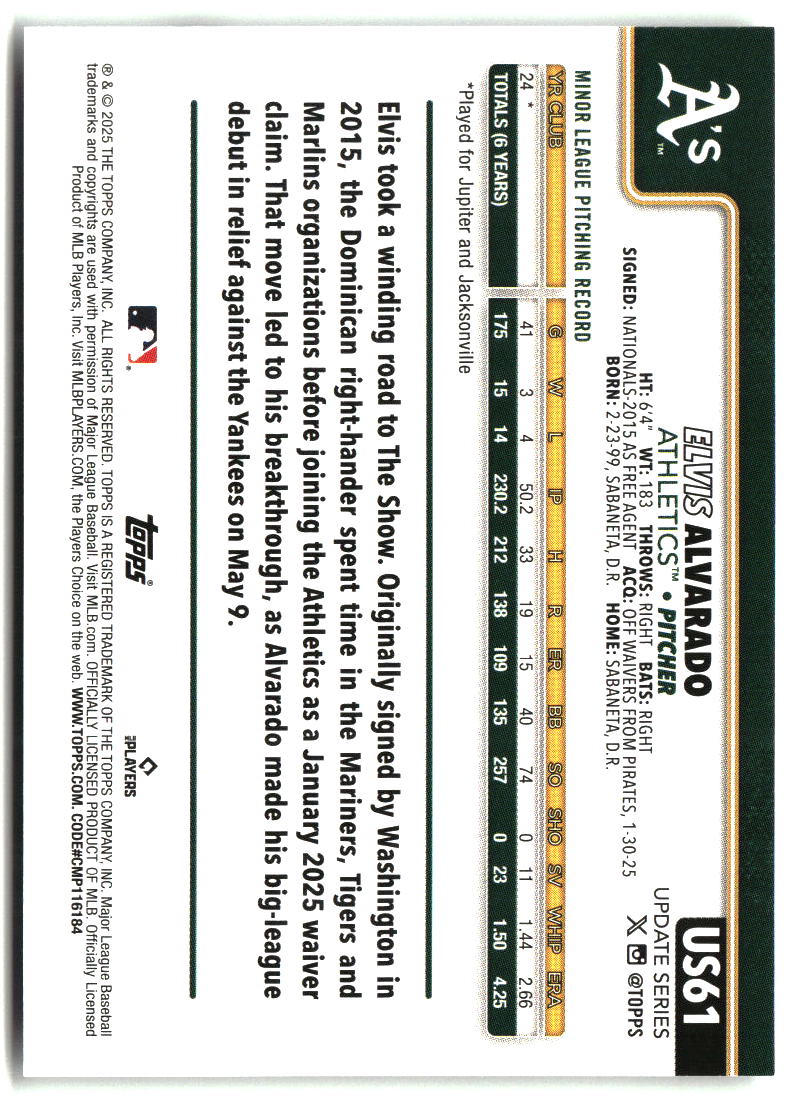 Elvis Alvarado 2025 Topps Update #US61
