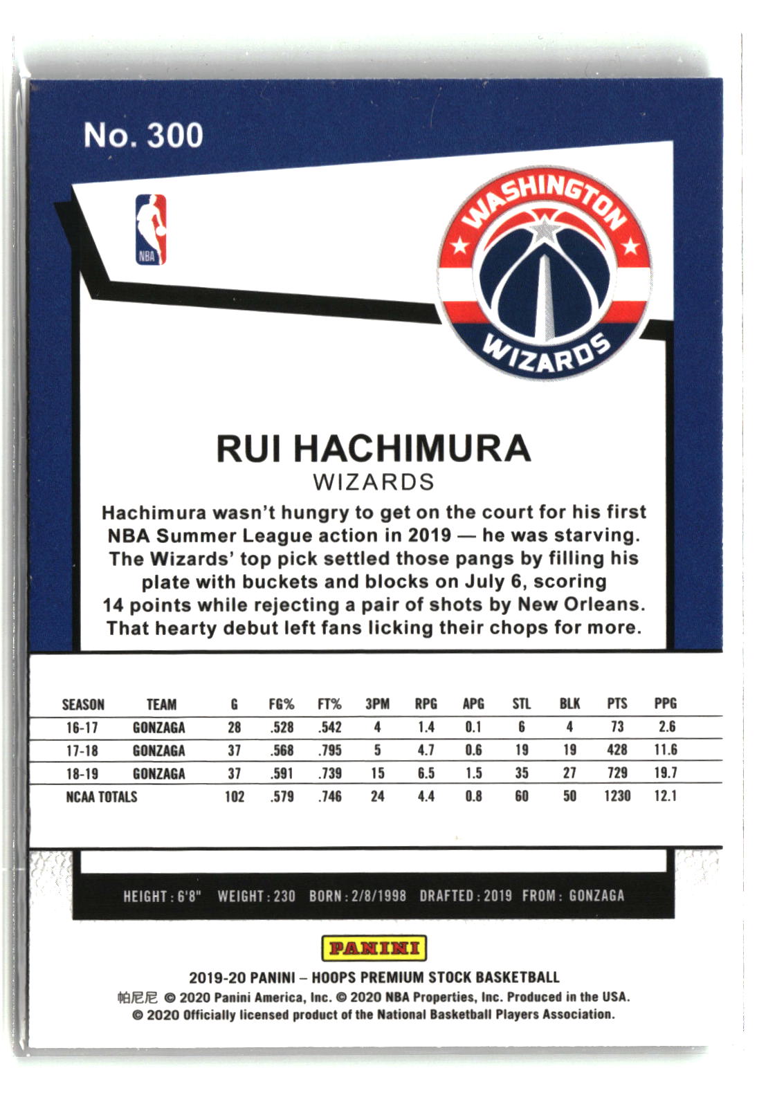Rui Hachimura 2019-20 Hoops Premium Stock #300