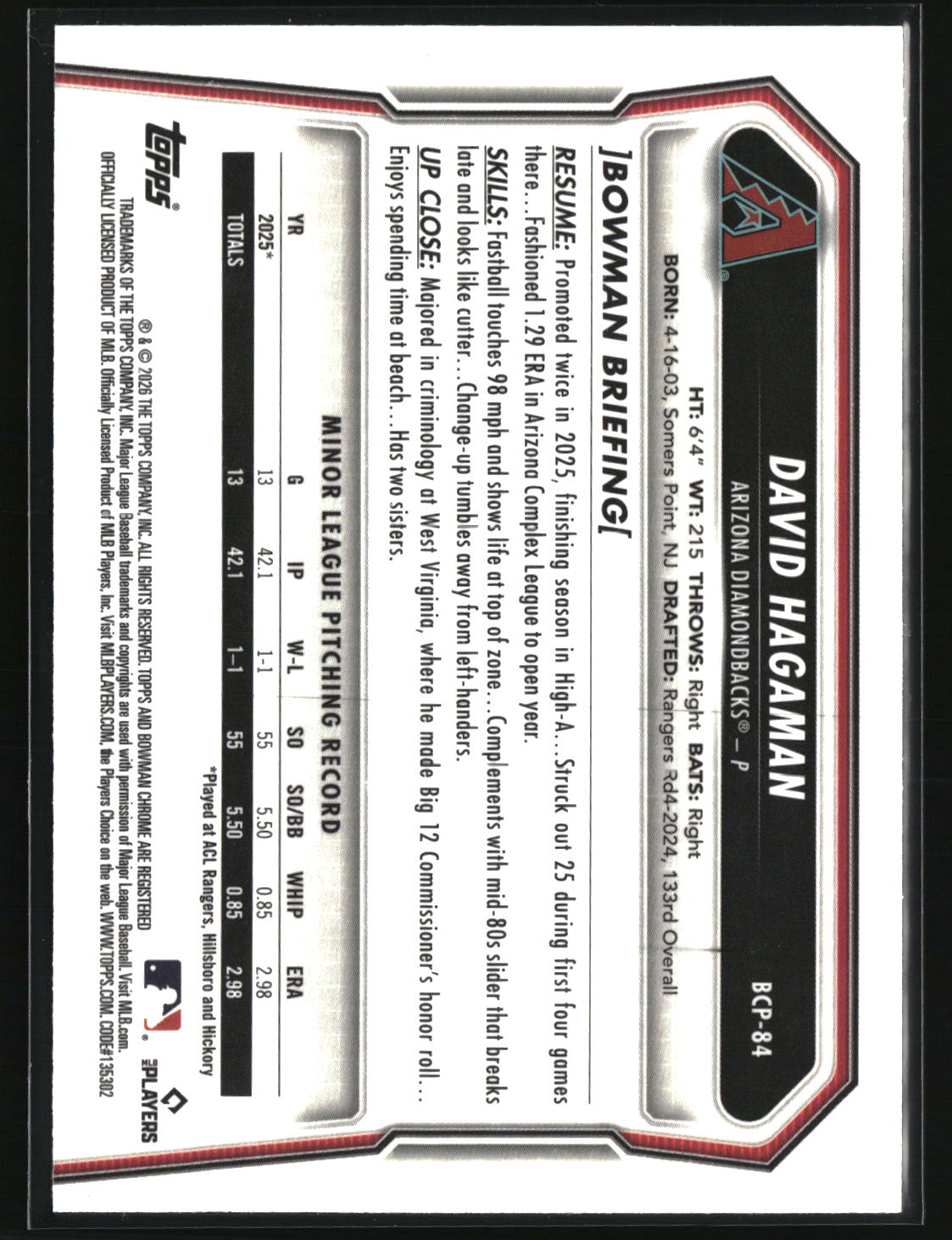 David Hagaman 2026 Bowman Chrome Prospects #BCP-84