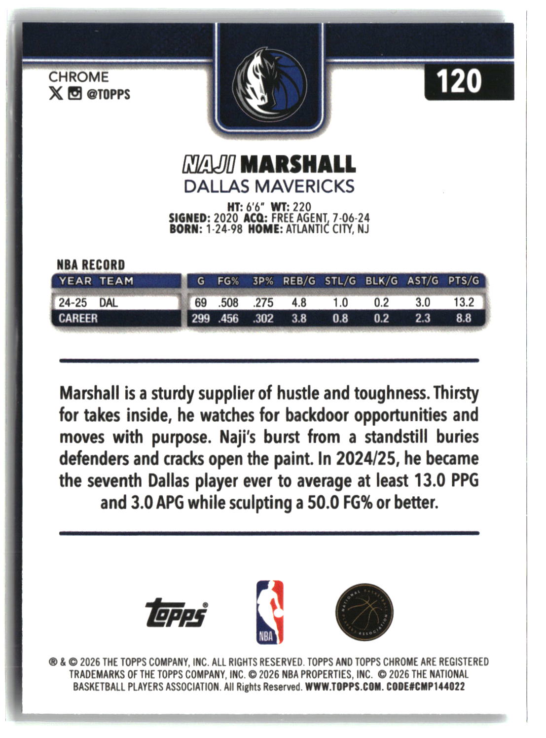 Naji Marshall 2025-26 Topps Chrome Update Prism Refractor #120