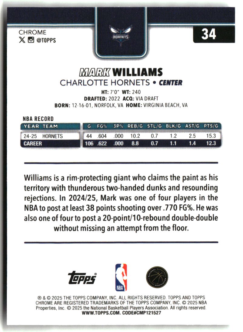 Mark Williams 2025-26 Topps Chrome X-Fractor #34