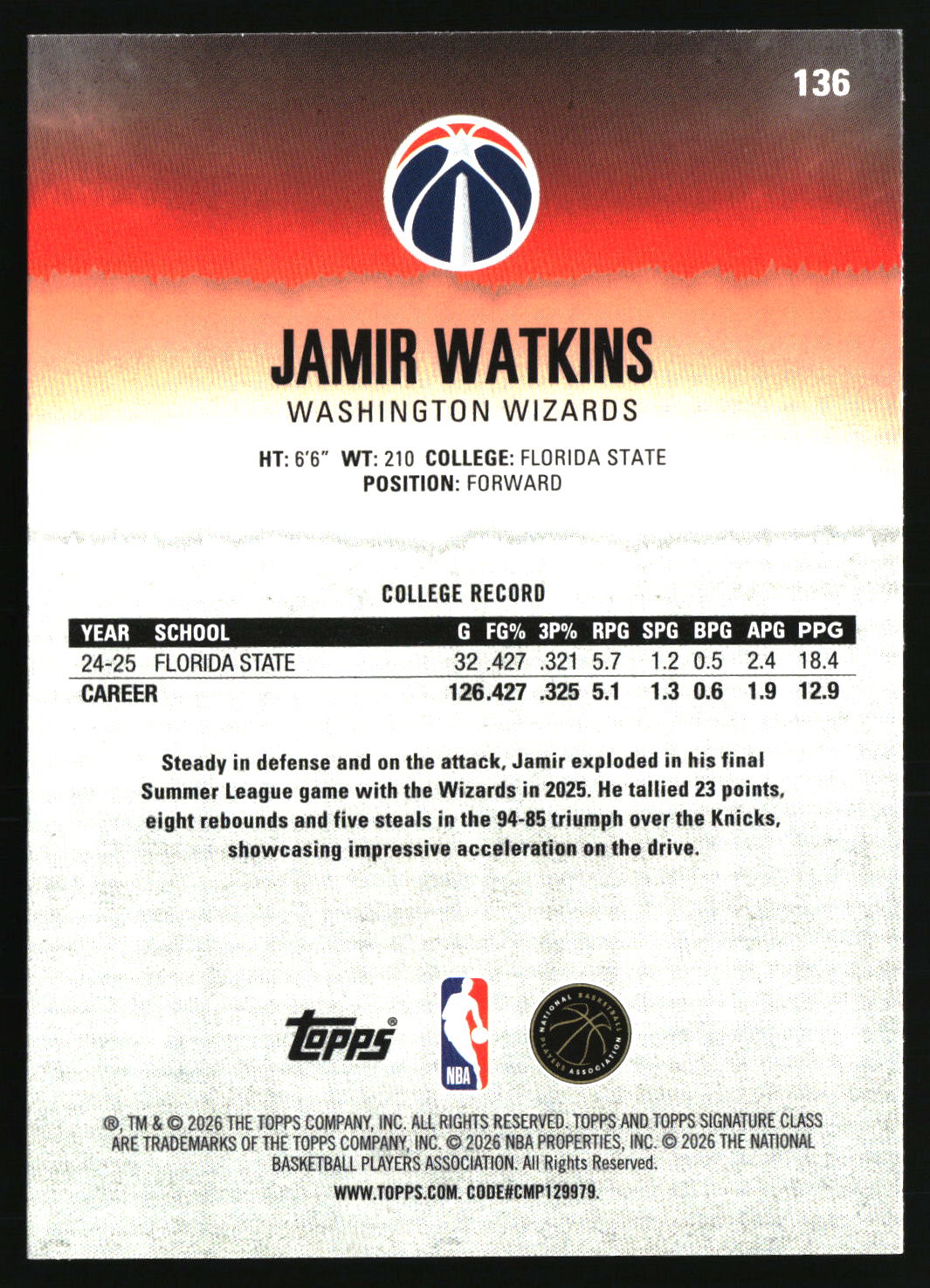 Jamir Watkins 2025-26 Topps Signature Class #136
