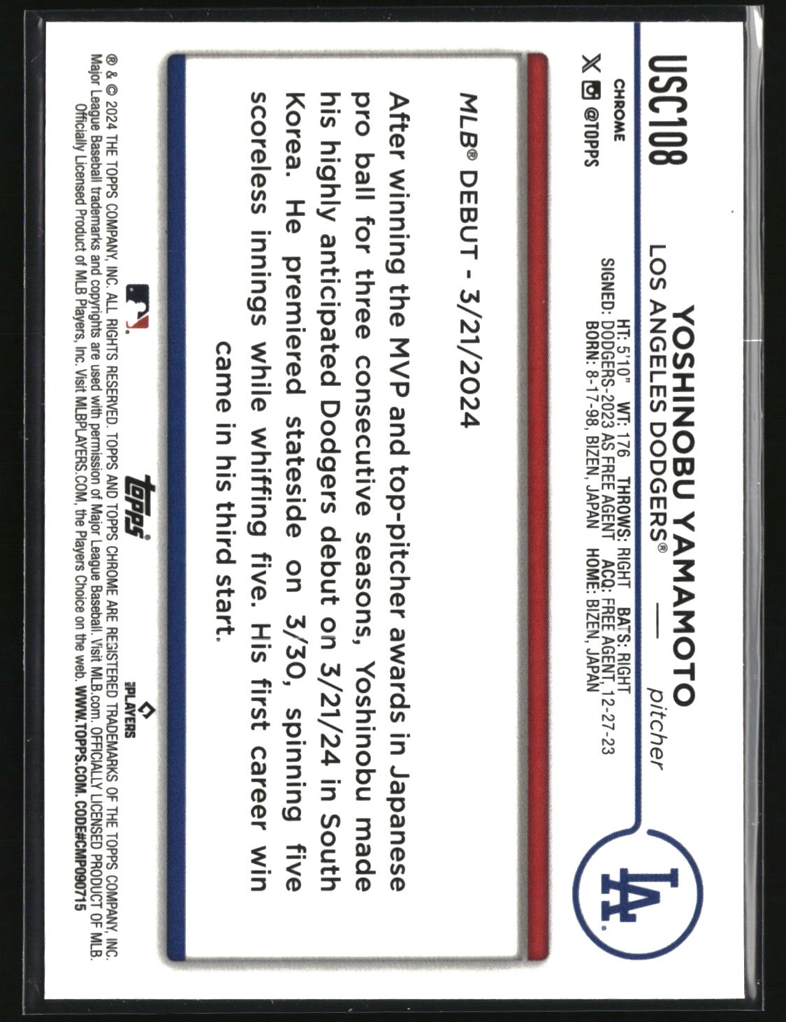 Yoshinobu Yamamoto 2024 Topps Chrome Update #USC108
