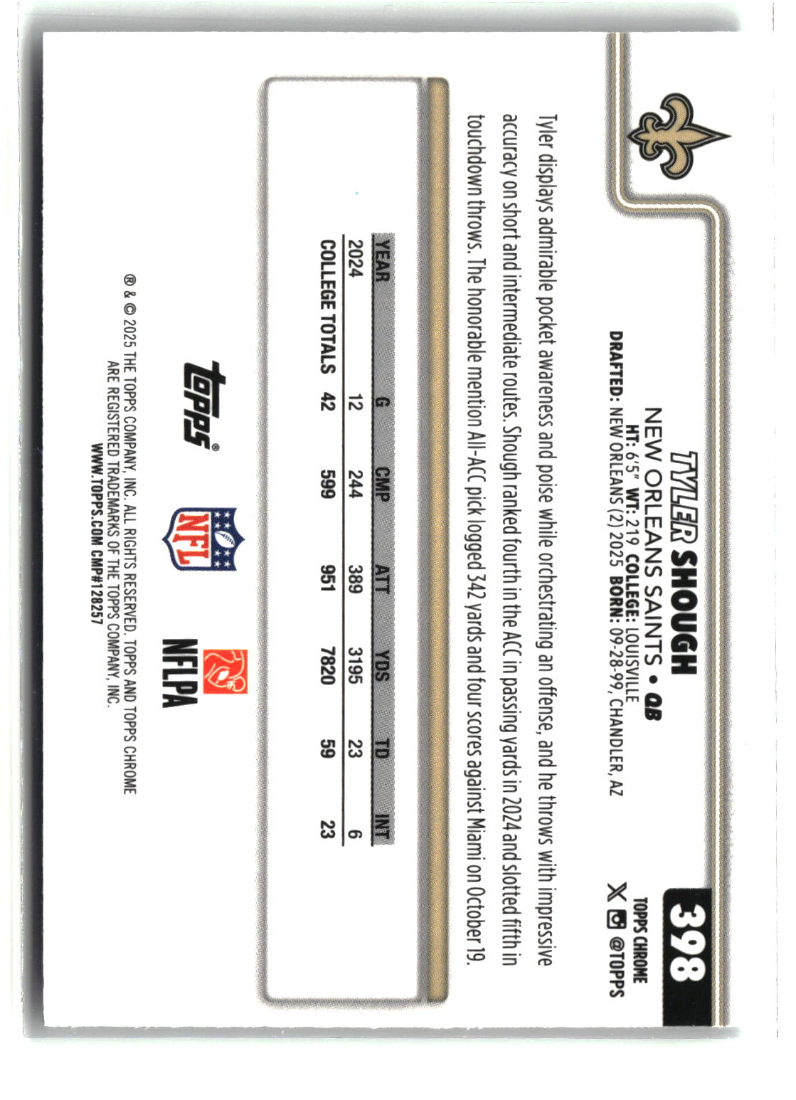 Tyler Shough 2025 Topps Chrome #398