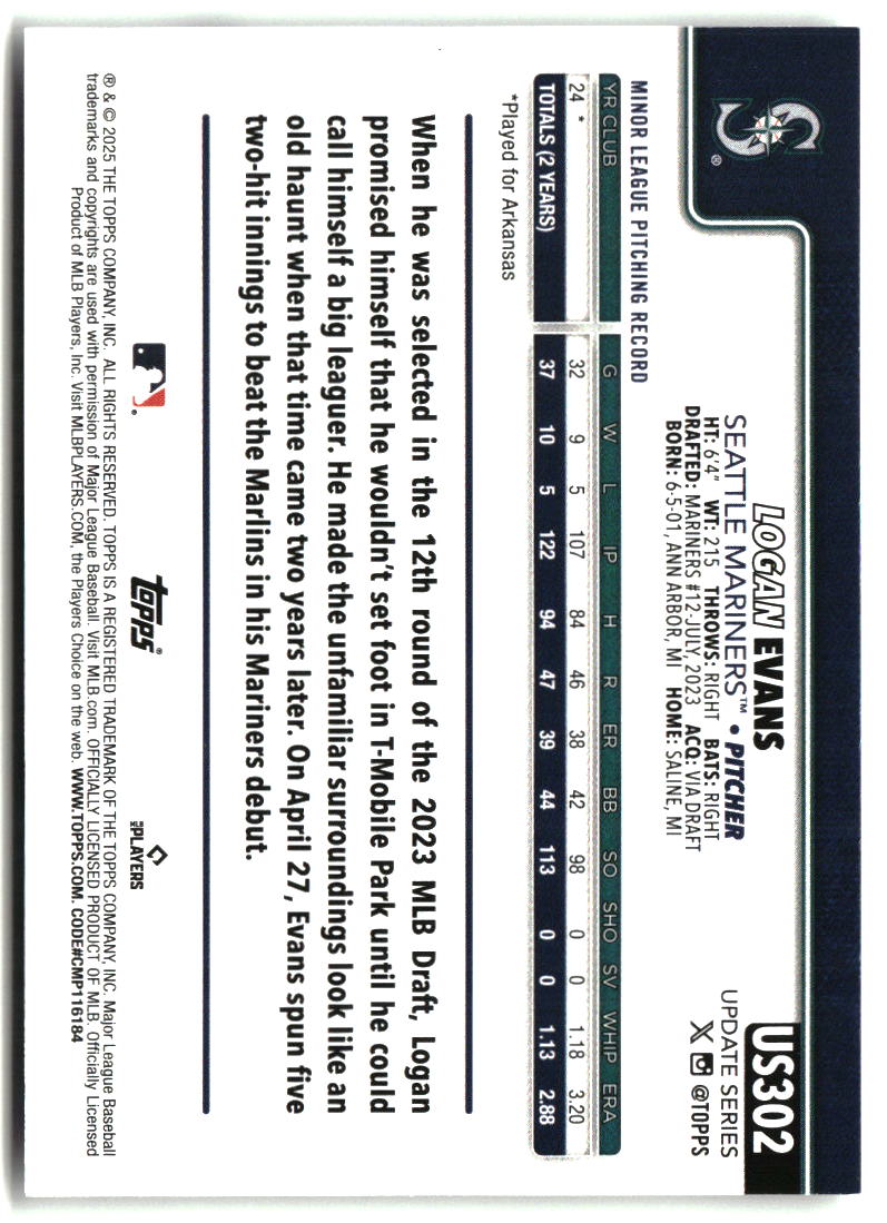 Logan Evans 2025 Topps Update #US302