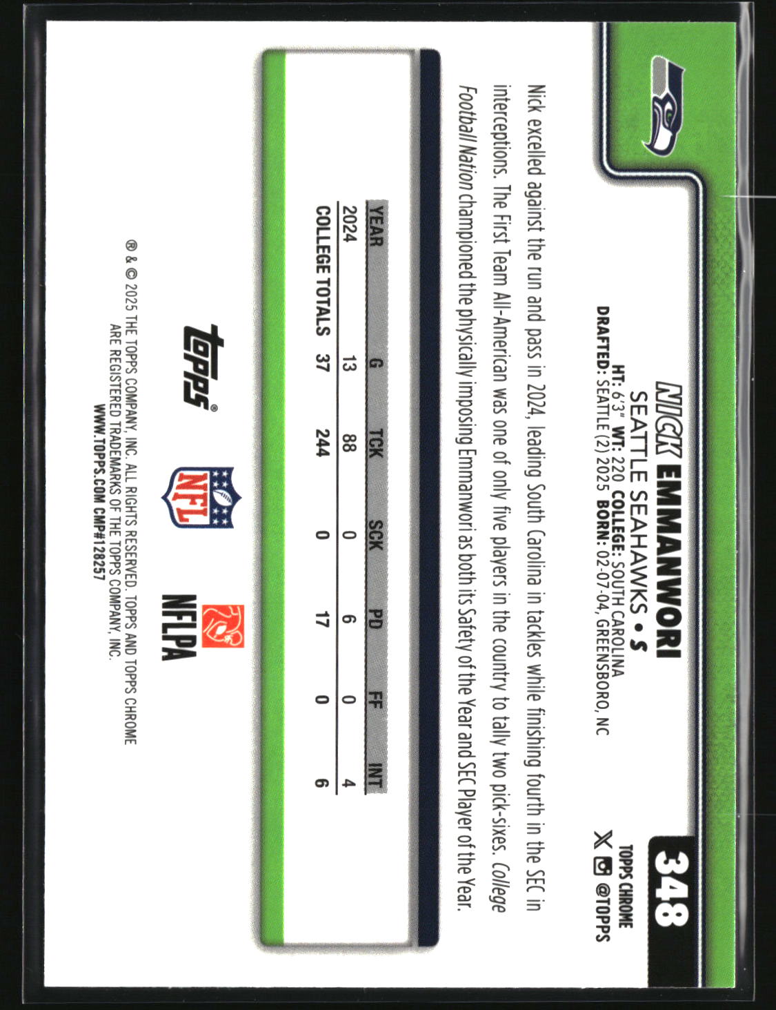 Nick Emmanwori 2025 Topps Chrome Pulsar Refractor #348