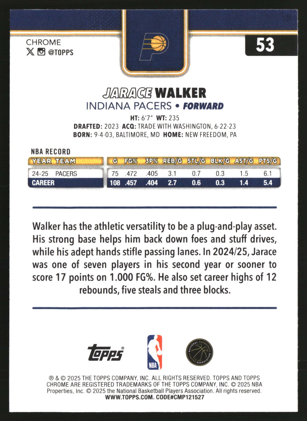 Jarace Walker 2025-26 Topps Chrome Basketball Refractor #53