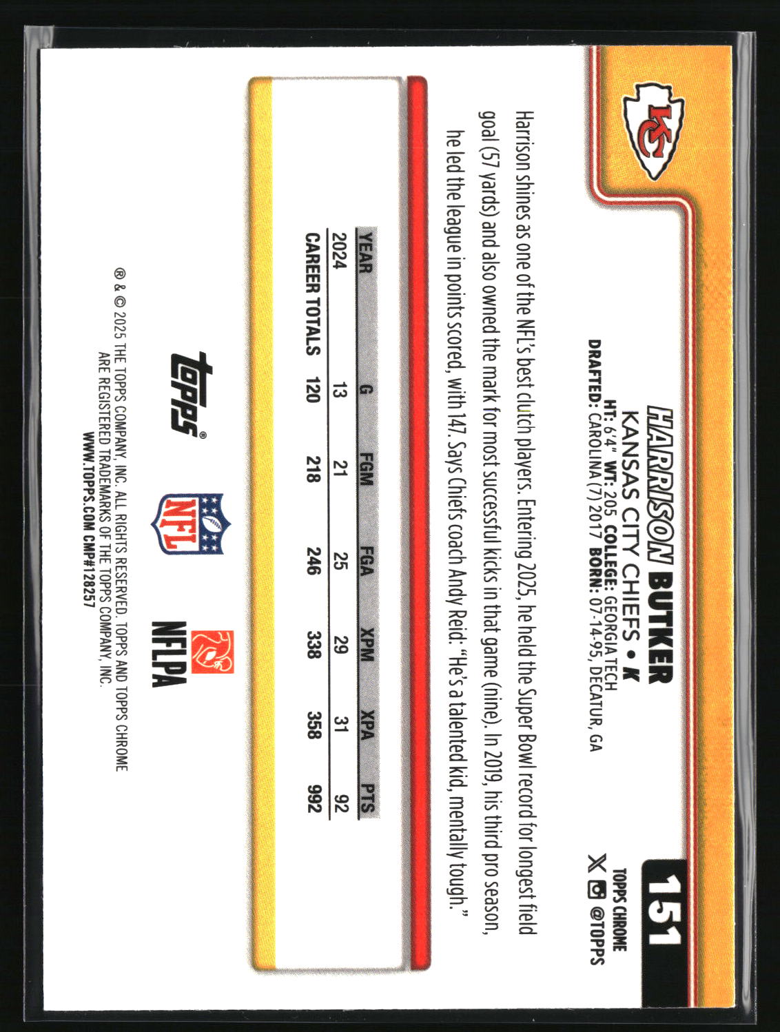 Harrison Butker 2025 Topps Chrome Pulsar Refractor #151