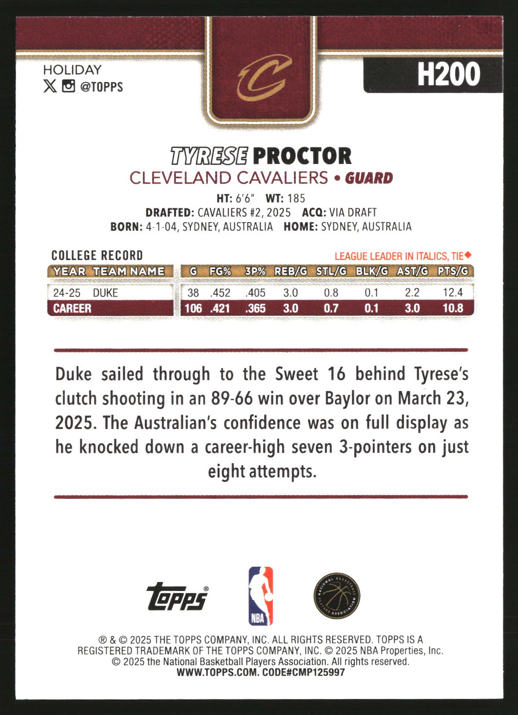 Tyrese Proctor 2025-26 Topps Holiday #H200