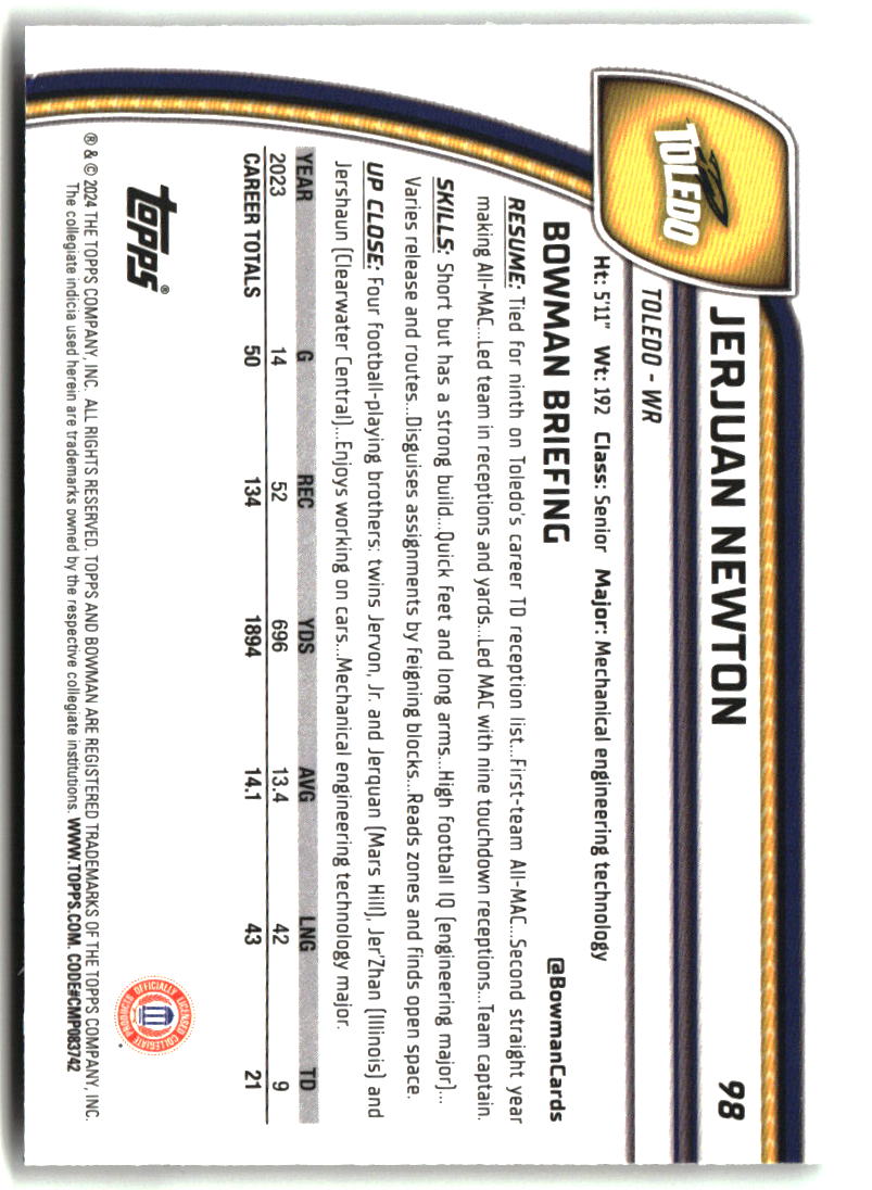 Jerjuan Newton 2024 Bowman University Chrome #98